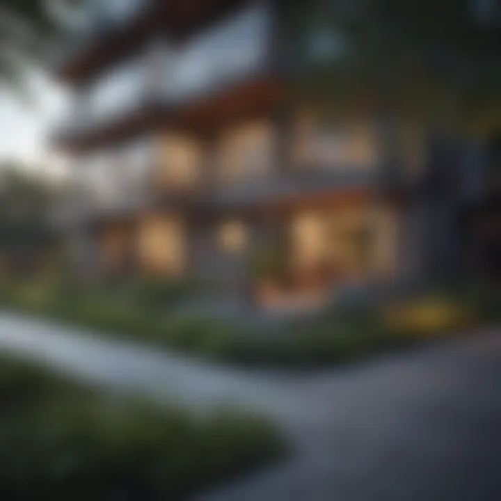 Modern apartment complex with amenities and greenery