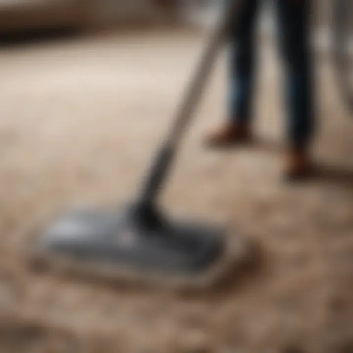 A person vacuuming a high pile rug to remove dirt and debris