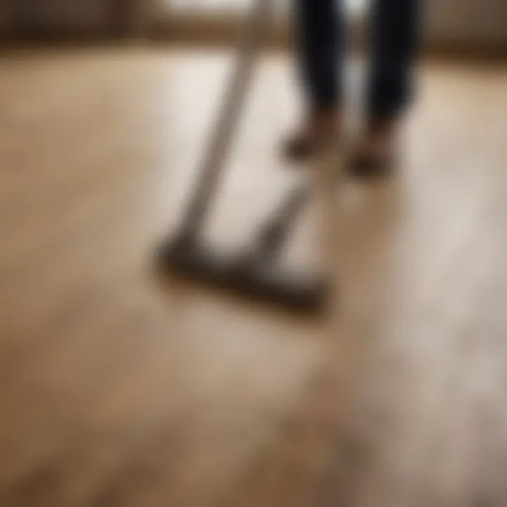 A person gently sweeping oak flooring to remove dust and debris