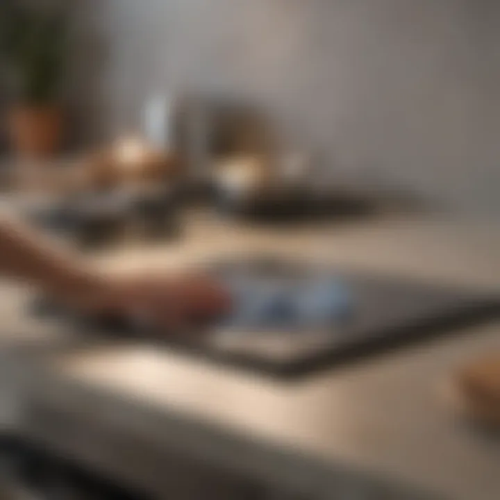 A close-up of a glass stove top being gently wiped with a microfiber cloth