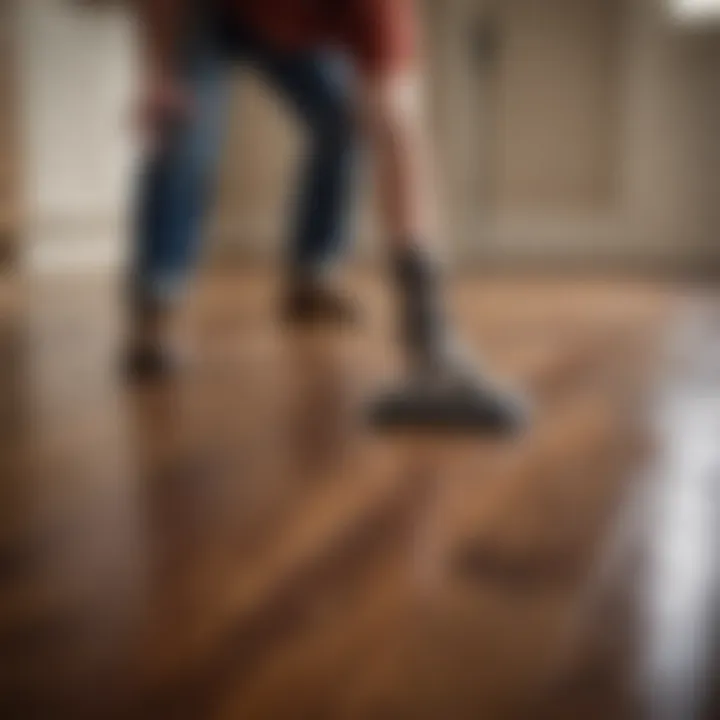 A person applying cleaner to a hardwood surface