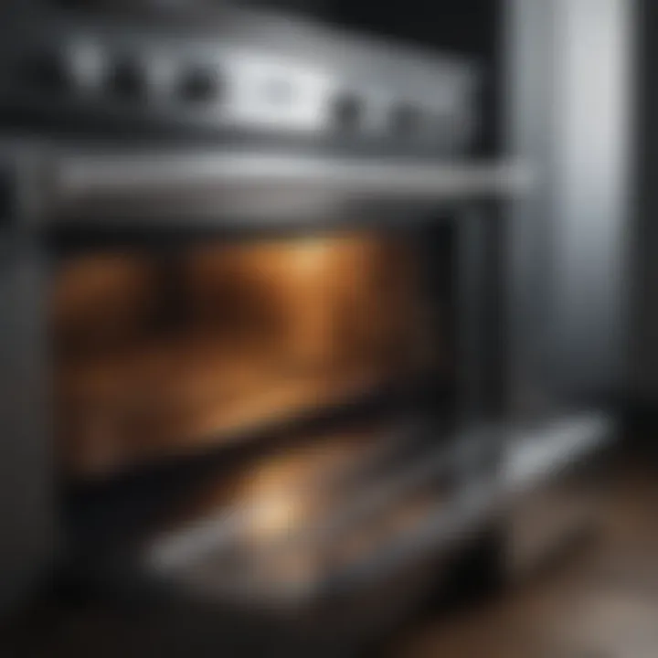 Close-up of a shiny stainless steel oven door