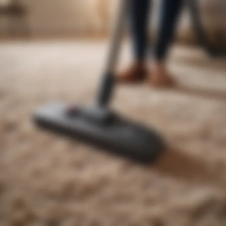 A close-up of a person gently vacuuming an area rug