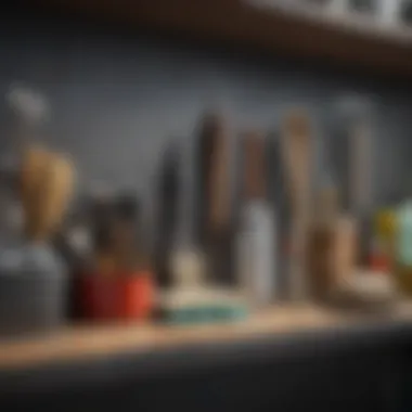 Neat and Organized Cleaning Tools Organized cleaning tools arranged neatly on a shelf