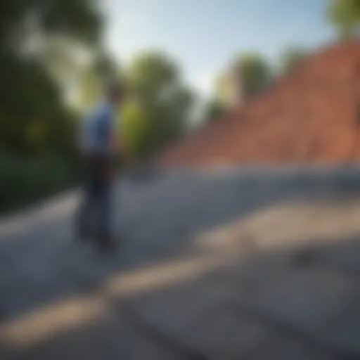 Detailed view of a home inspector examining a roof