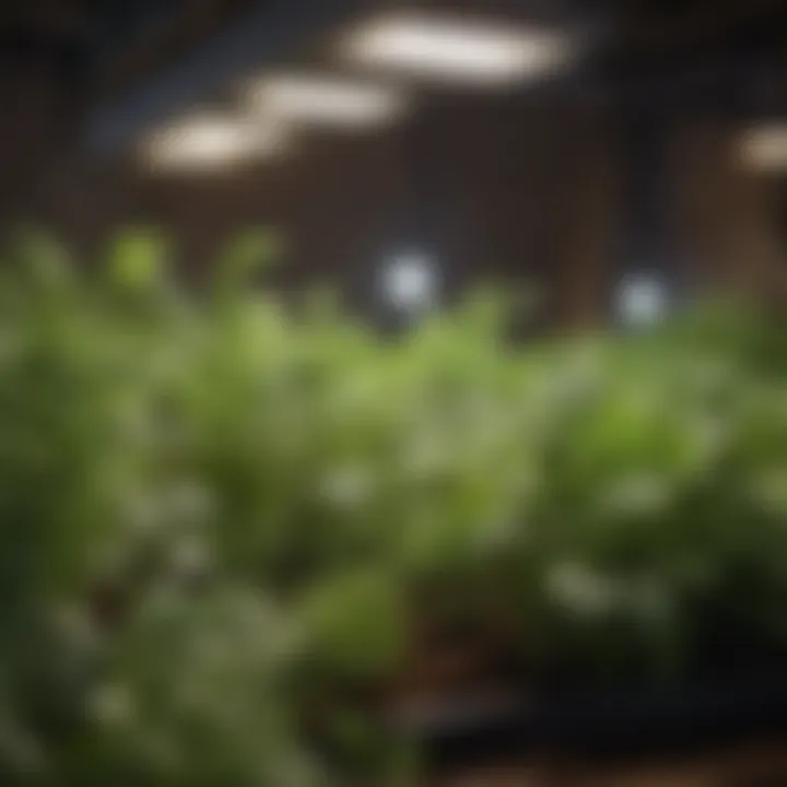 Close-up of various herbs thriving under artificial grow lights