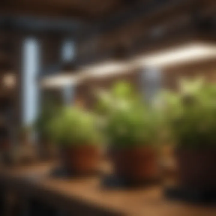 Different types of grow lights arranged for indoor gardening