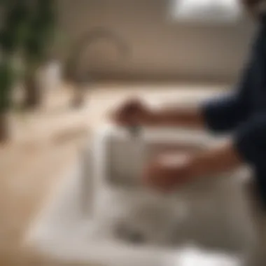 A homeowner applying a DIY declogging method in the sink