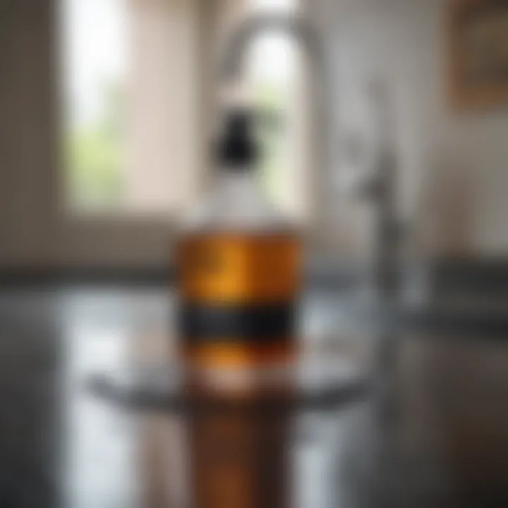 Chemical solutions arranged on a countertop for drain cleaning