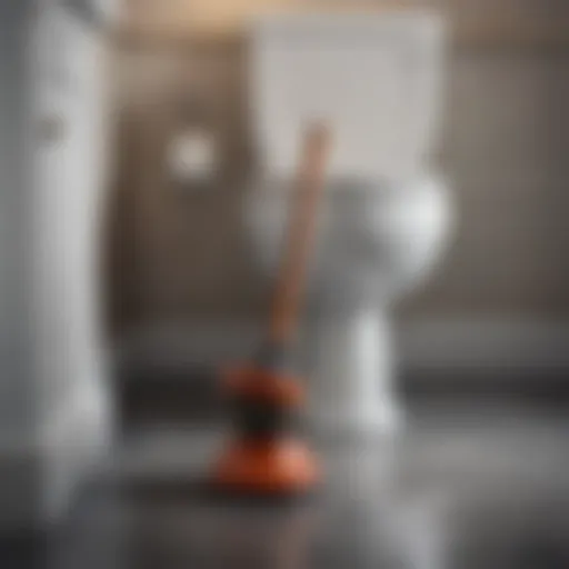 A plunger resting against a toilet bowl