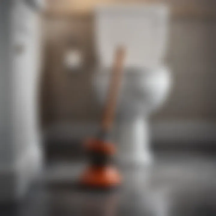 A plunger resting against a toilet bowl