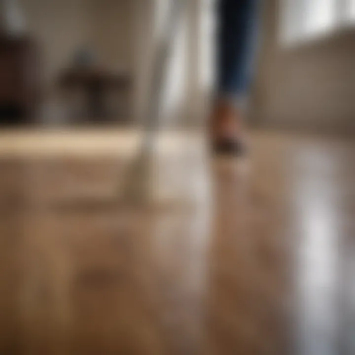 A person demonstrating dusting techniques on hardwood floors