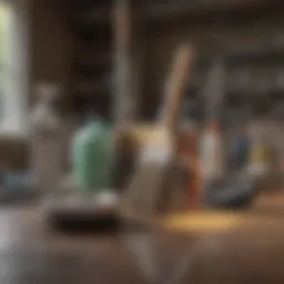 Collection of essential cleaning tools arranged neatly