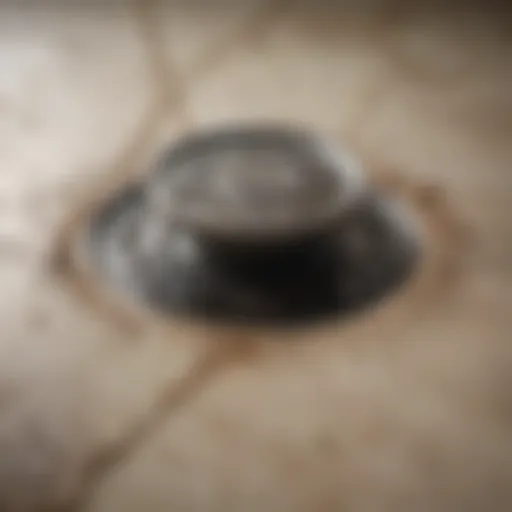 A close-up view of a clogged shower drain with hair and soap residue