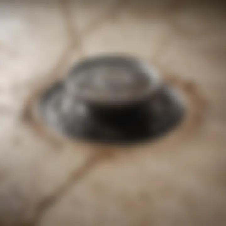 A close-up view of a clogged shower drain with hair and soap residue
