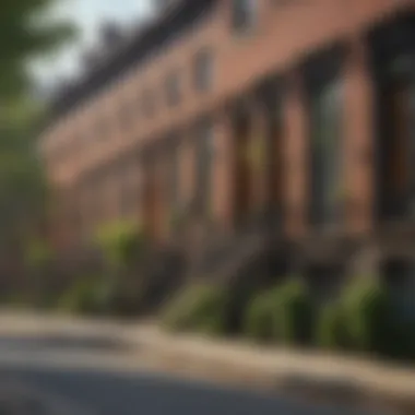 A vibrant urban street lined with brownstone townhomes