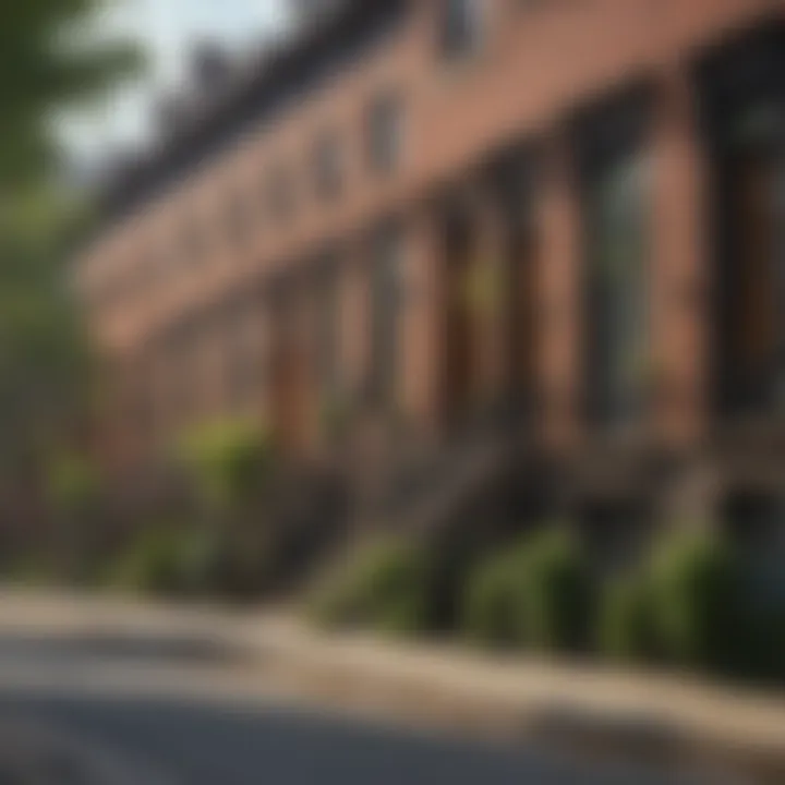 A vibrant urban street lined with brownstone townhomes