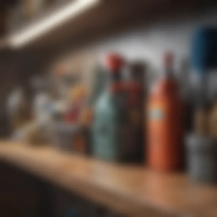 Organized cleaning toolkit on a shelf