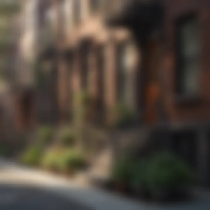 Charming neighborhood street in Manhattan with brownstone buildings.