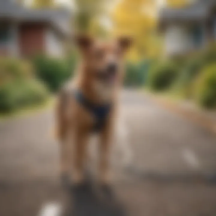 Dog walking on a leash in a vibrant Portland neighborhood