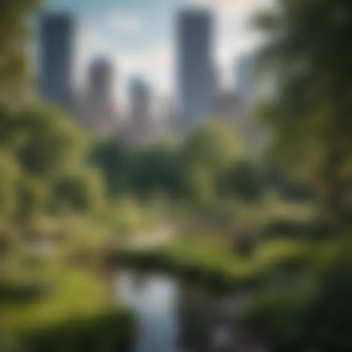 A panoramic view of Central Park surrounded by skyscrapers, illustrating green spaces amid urban life