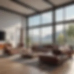 Spacious living room with modern furnishings and large windows