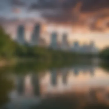 Scenic views of Lady Bird Lake with urban skyline in the background