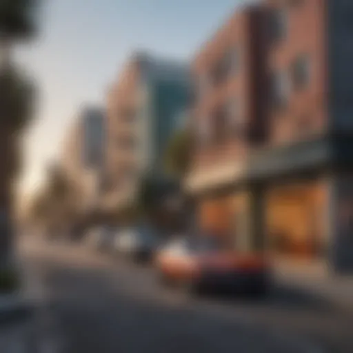 A vibrant street scene showcasing the architectural diversity in Los Angeles.