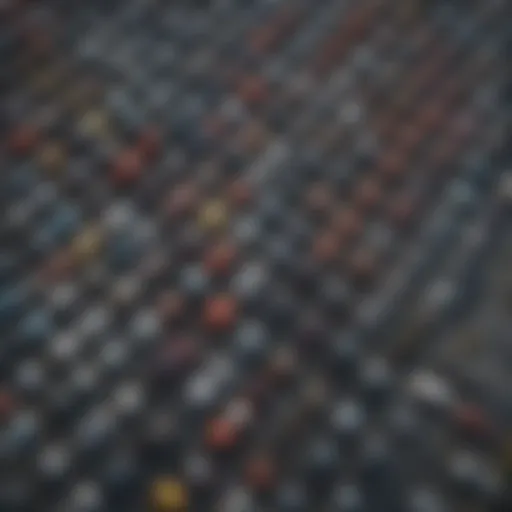 Aerial view of urban parking lot filled with vehicles