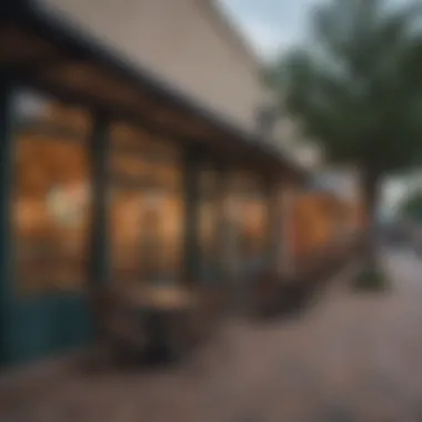 A vibrant shopping area with various stores and cafes