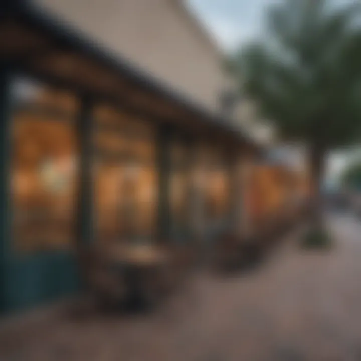 A vibrant shopping area with various stores and cafes