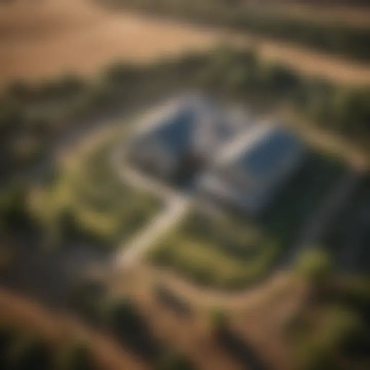 An aerial view of a property surrounded by vast open land