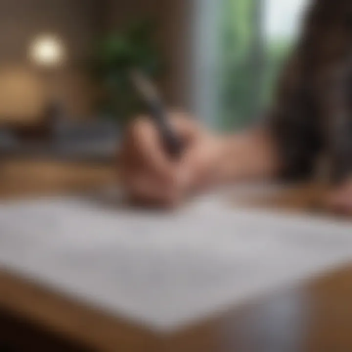 Person reviewing lease agreement with a pen in hand