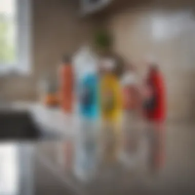 Commercial cleaning products lined up on a kitchen counter