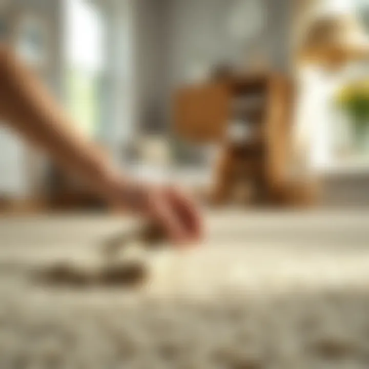 A wool carpet being spot cleaned with a cloth