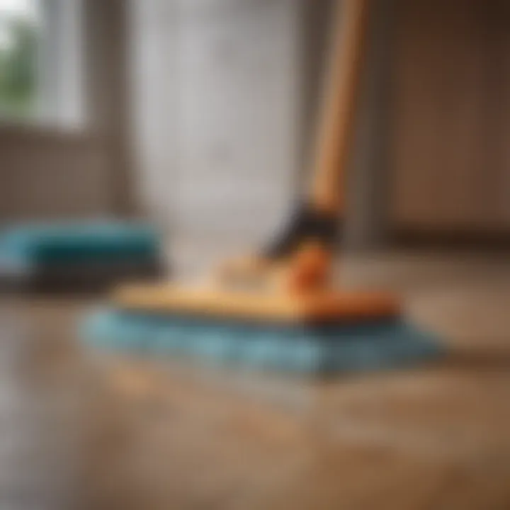 Essential cleaning tools arranged neatly, including a microfiber mop and eco-friendly cleaner.