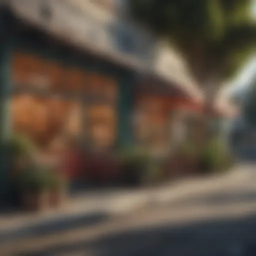 A vibrant street scene showcasing local cafes and shops