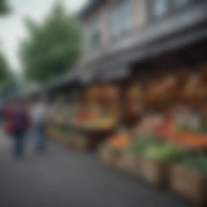 A bustling neighborhood market with local vendors and fresh produce