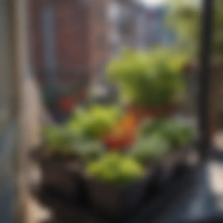 Neatly arranged pots of vegetables on a sunny balcony