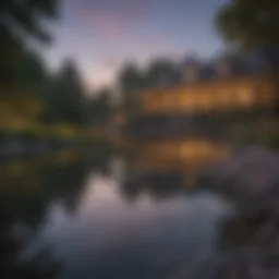 Stunning view of a lakefront property during sunset