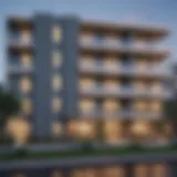 Exterior view showcasing the unique architectural design of Luna at Lake Shadow Apartments