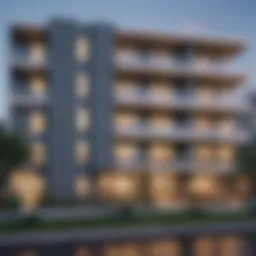 Exterior view showcasing the unique architectural design of Luna at Lake Shadow Apartments