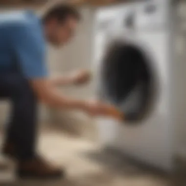 A homeowner using a specialized tool to clean a dryer vent, demonstrating effective cleaning methods.