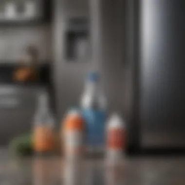 Cleaning supplies placed next to a stainless steel refrigerator