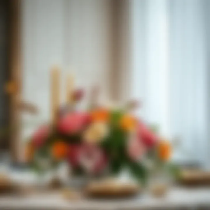 Detailed view of a beautifully arranged table centerpiece featuring seasonal flowers