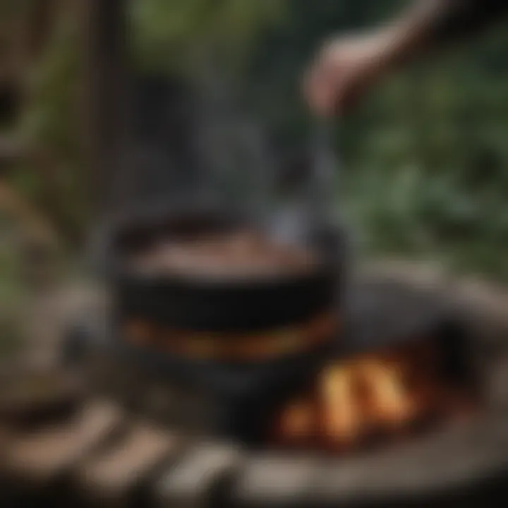 A hand reaching for a well-maintained cast iron Dutch oven