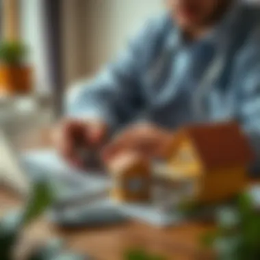 A person calculating finances with a laptop and house models.