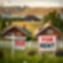 A serene landscape showcasing a house with a 'For Sale' sign and another with a 'For Rent' sign.