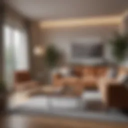 A modern apartment interior showcasing essential furniture and decor.