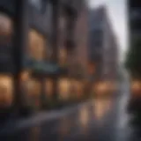 A bustling cityscape showcasing diverse apartment buildings.